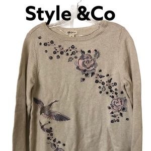 Style & Co Embroidered Cream Pullover Crewneck Long Sleeve Sweater Pl NWT
